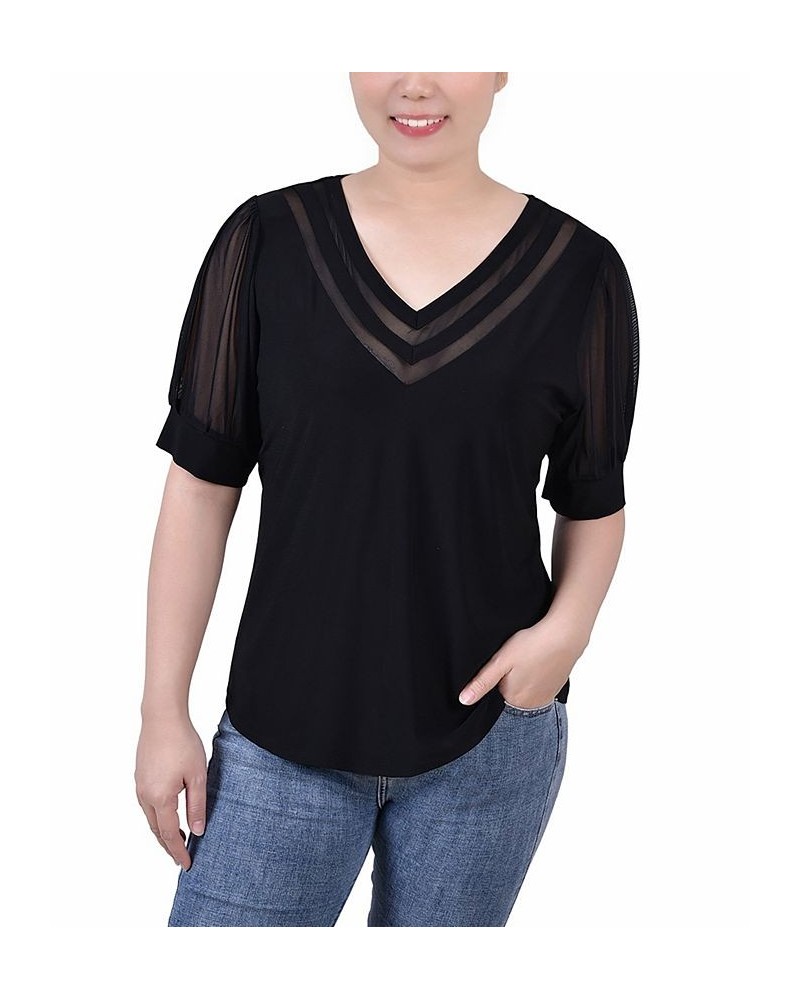 Petite Size Short Puff Sleeve V-neck Top Black $17.36 Tops