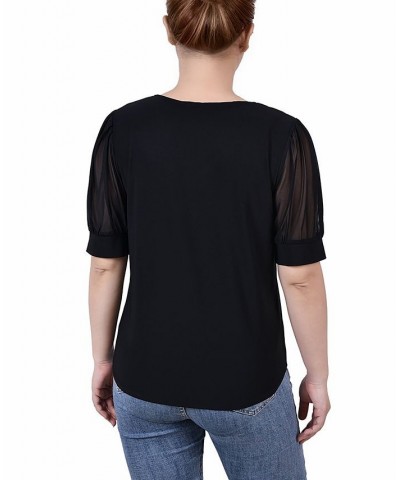 Petite Size Short Puff Sleeve V-neck Top Black $17.36 Tops