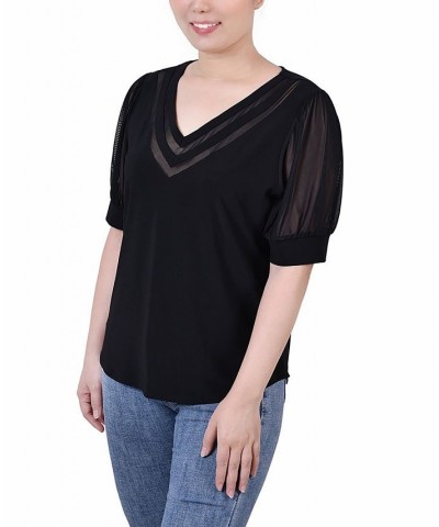 Petite Size Short Puff Sleeve V-neck Top Black $17.36 Tops