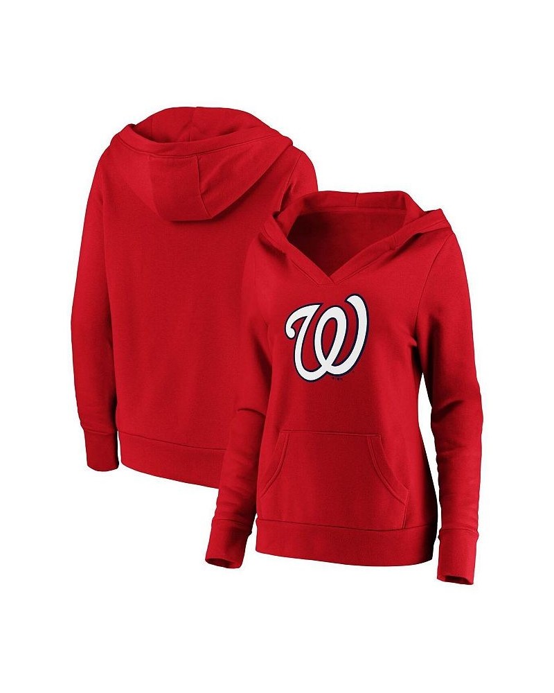 Women's Red Washington Nationals Official Logo Crossover V-Neck Pullover Hoodie Red $37.60 Sweatshirts