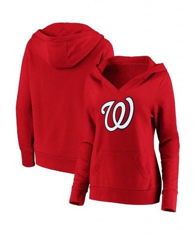 Women's Red Washington Nationals Official Logo Crossover V-Neck Pullover Hoodie Red $37.60 Sweatshirts