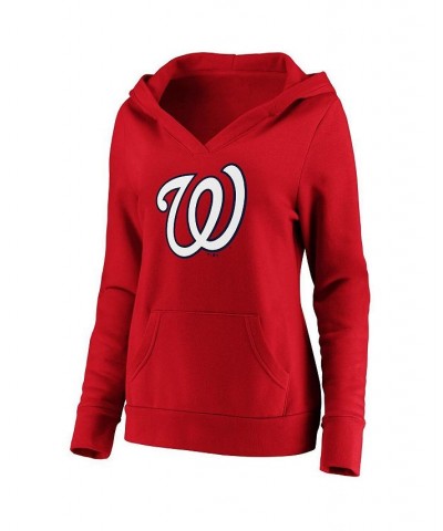 Women's Red Washington Nationals Official Logo Crossover V-Neck Pullover Hoodie Red $37.60 Sweatshirts