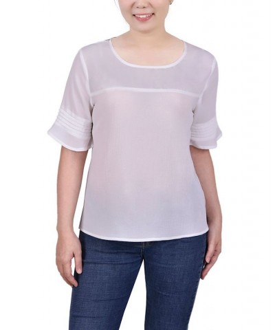 Petite Size Short Sleeve Crepe and Chiffon Top White $15.81 Tops