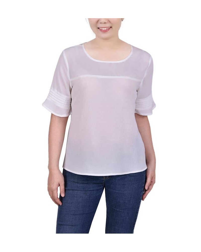 Petite Size Short Sleeve Crepe and Chiffon Top White $15.81 Tops