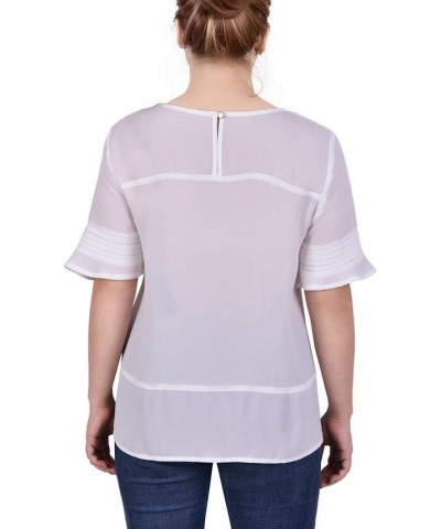 Petite Size Short Sleeve Crepe and Chiffon Top White $15.81 Tops