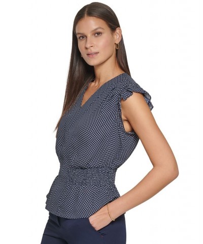 Women's Polka Dot-Print Peplum-Hem Ruffle Top Midnight/ Ivory $31.60 Tops