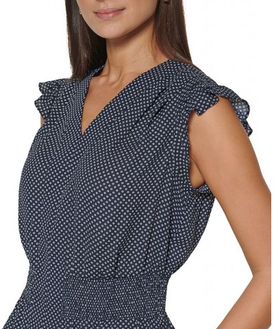 Women's Polka Dot-Print Peplum-Hem Ruffle Top Midnight/ Ivory $31.60 Tops