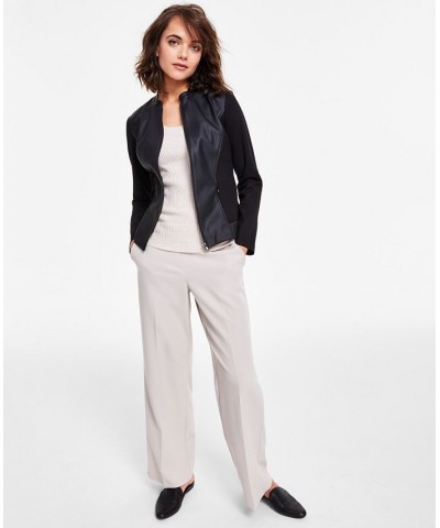 Women's Faux-Leather-Trim Jacket Ribbed Sweater & Wide-Leg Pants Deep Black $28.68 Pants