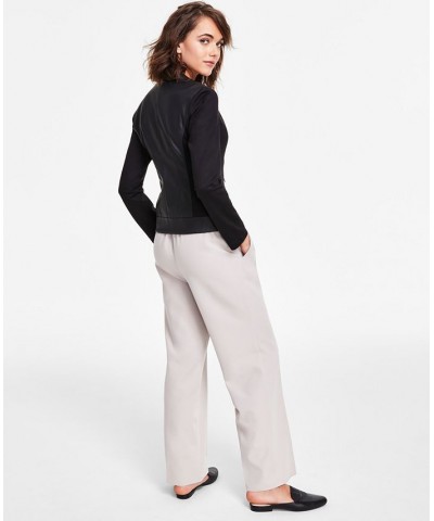 Women's Faux-Leather-Trim Jacket Ribbed Sweater & Wide-Leg Pants Deep Black $28.68 Pants