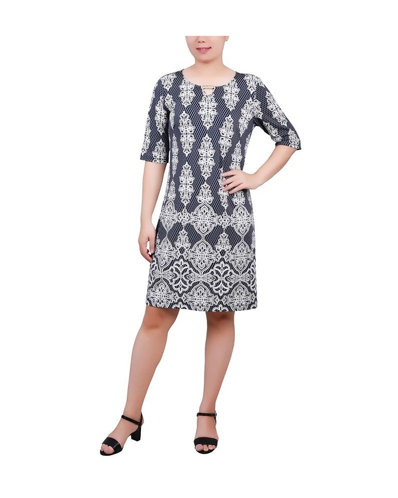 Petite Elbow Sleeve Knee Length Dress with Hardware Navy $21.46 Dresses