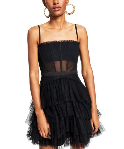 Women's Mesh-Trim Corset Dress Black $71.70 Dresses