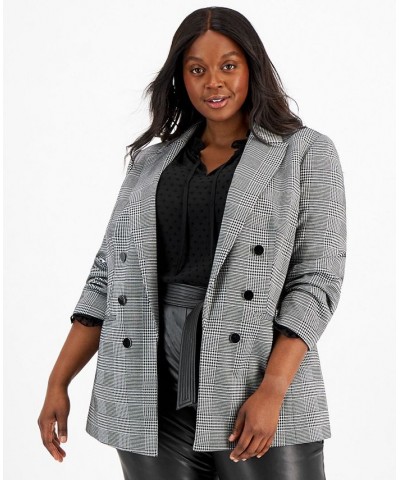 Plus Size Plaid Faux Double-Breasted Blazer Black/White $38.29 Jackets