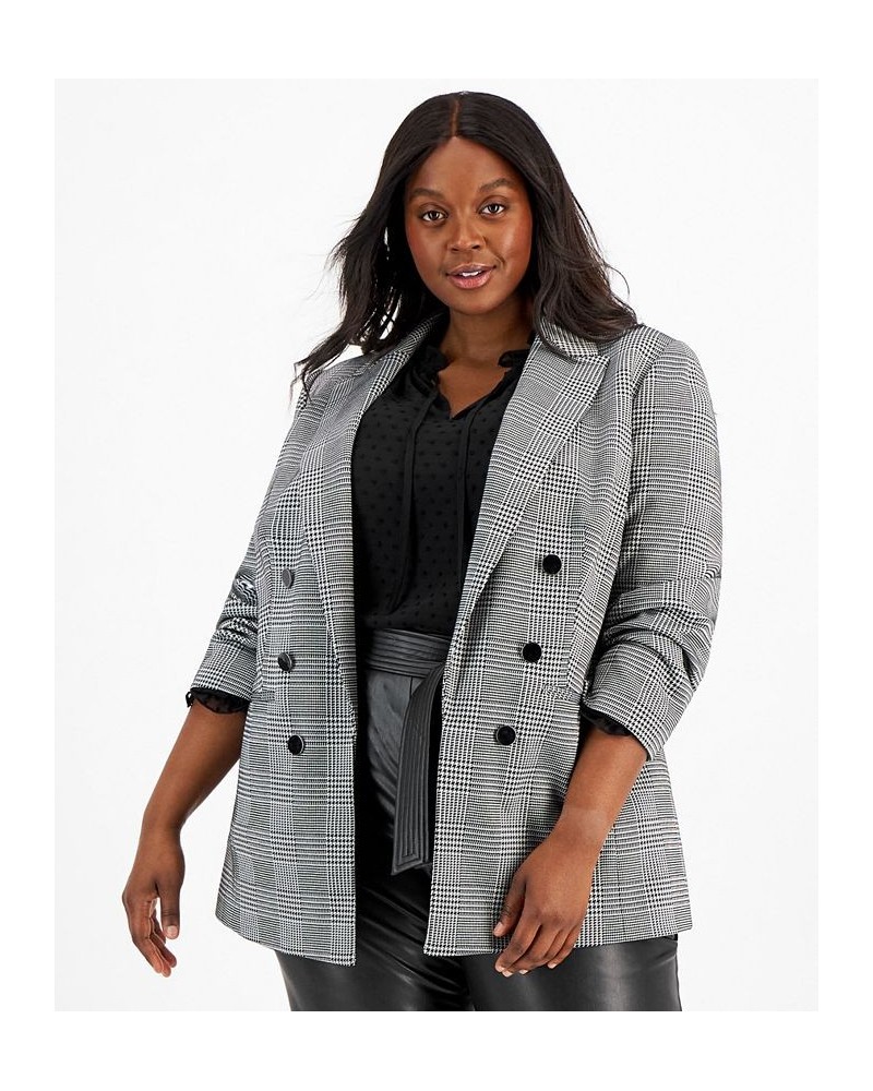 Plus Size Plaid Faux Double-Breasted Blazer Black/White $38.29 Jackets