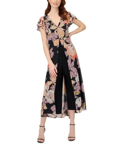 Women's Floral-Print Overlay Jumpsuit Black Multi $60.86 Pants