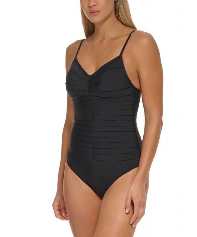 Women's Solid Pleated V-Neck One-Piece Swimsuit Black $60.16 Swimsuits