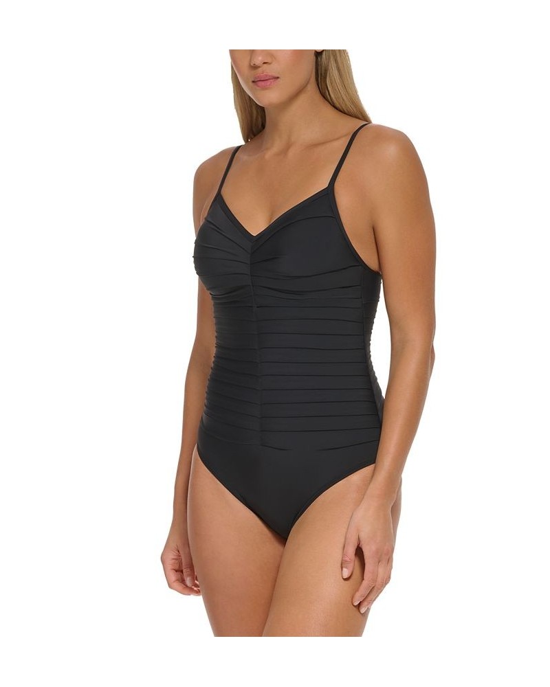 Women's Solid Pleated V-Neck One-Piece Swimsuit Black $60.16 Swimsuits