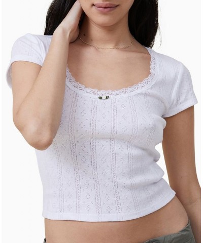 Women's Paige Scoop Neck Lace Trim T-shirt White $18.19 Tops