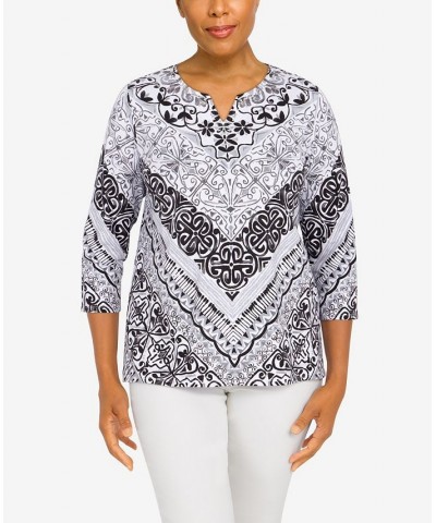 Petite Classics Split Neck Chevron Scroll 3/4 Sleeve Top Black, White $31.61 Tops