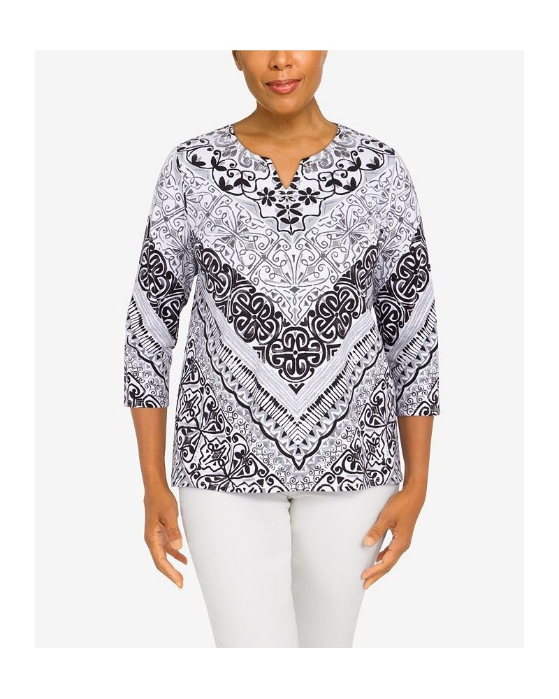 Petite Classics Split Neck Chevron Scroll 3/4 Sleeve Top Black, White $31.61 Tops