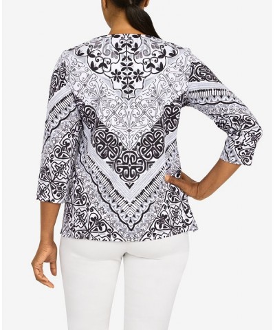 Petite Classics Split Neck Chevron Scroll 3/4 Sleeve Top Black, White $31.61 Tops