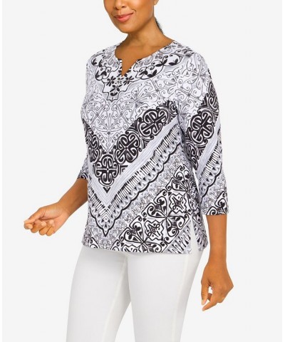 Petite Classics Split Neck Chevron Scroll 3/4 Sleeve Top Black, White $31.61 Tops