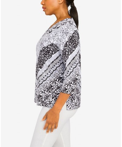 Petite Classics Split Neck Chevron Scroll 3/4 Sleeve Top Black, White $31.61 Tops