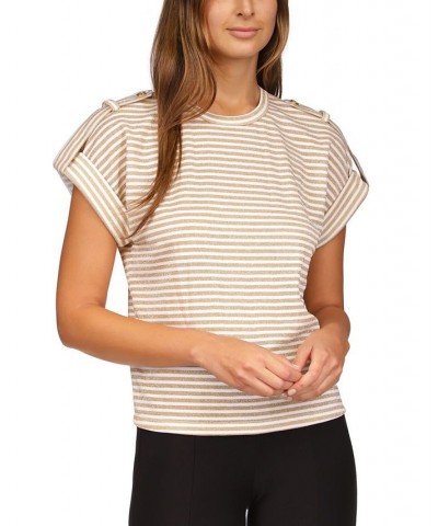 Women's Metallic-Stripe Epaulette Top White/ Gold $36.08 Tops