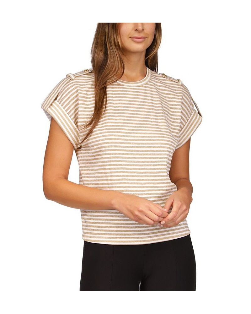 Women's Metallic-Stripe Epaulette Top White/ Gold $36.08 Tops