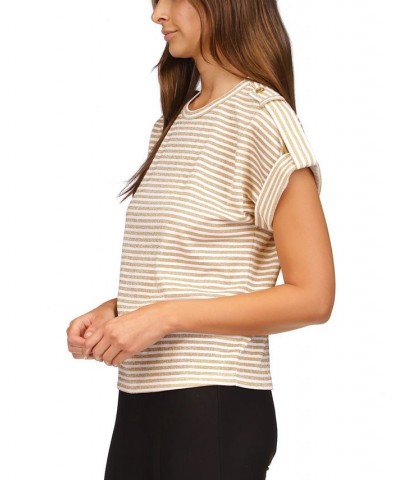 Women's Metallic-Stripe Epaulette Top White/ Gold $36.08 Tops