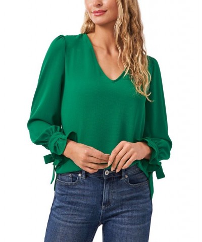 Women's Solid Long Sleeve V-Neck Tie-Cuff Blouse Lush Green $43.45 Tops