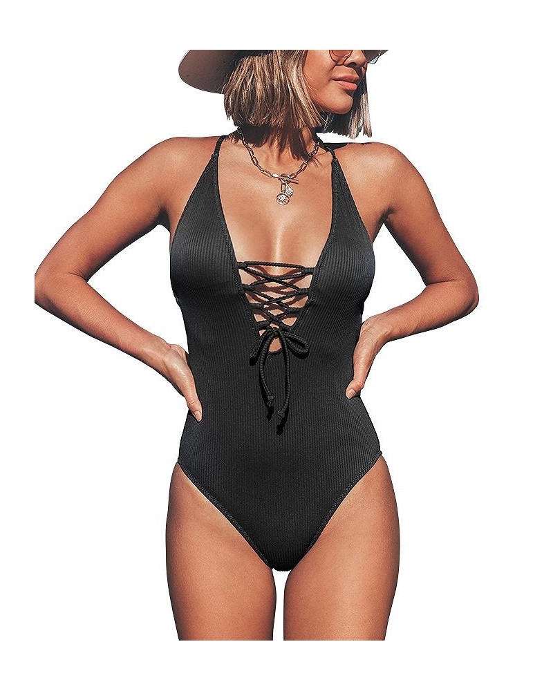 Women's Solid Color V Neck Lace Up One Piece Swimsuit Black $21.00 Swimsuits