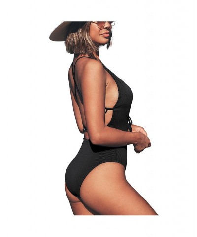 Women's Solid Color V Neck Lace Up One Piece Swimsuit Black $21.00 Swimsuits