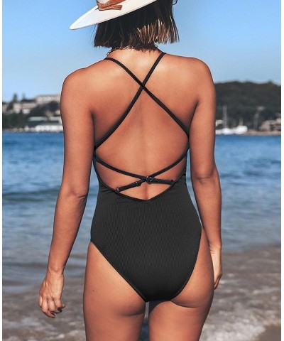 Women's Solid Color V Neck Lace Up One Piece Swimsuit Black $21.00 Swimsuits