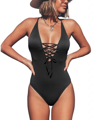 Women's Solid Color V Neck Lace Up One Piece Swimsuit Black $21.00 Swimsuits