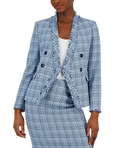 Women's Double-Breasted Tweed Fringe Blazer Ivory/indigo Blue $55.77 Jackets