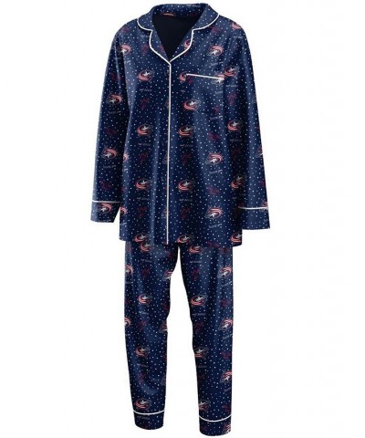 Women's Navy Columbus Blue Jackets Long Sleeve Button-Up Shirt Pants Sleep Set Navy $30.80 Pajama