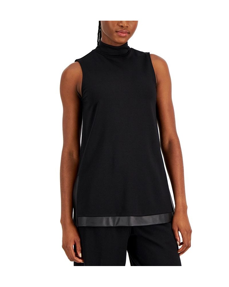 Women's Faux-Leather Trim Mock Neck Tunic Anne Black $14.80 Tops