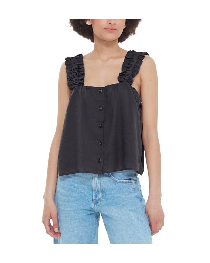 Women's Ruffled-Strap Button-Front Camisole Black $16.25 Tops