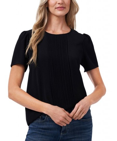 Women's Pin-tucked Short Sleeve Blouse Top Black $28.77 Tops