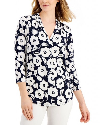 Women's Floral-Print Pleated-Neck Top Blue $19.81 Tops