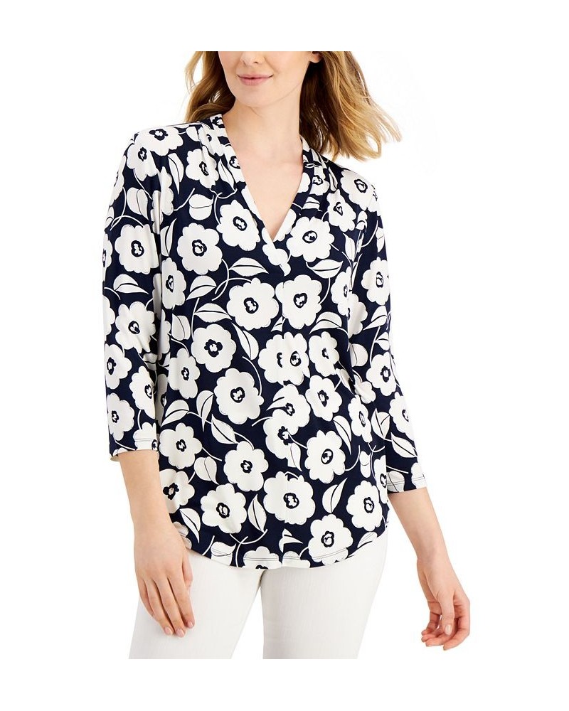 Women's Floral-Print Pleated-Neck Top Blue $19.81 Tops