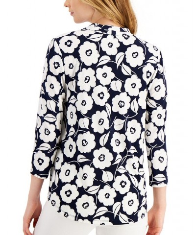 Women's Floral-Print Pleated-Neck Top Blue $19.81 Tops