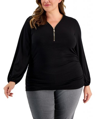 Plus Size Zip-Front Side-Ruched Top Deep Black $18.25 Tops