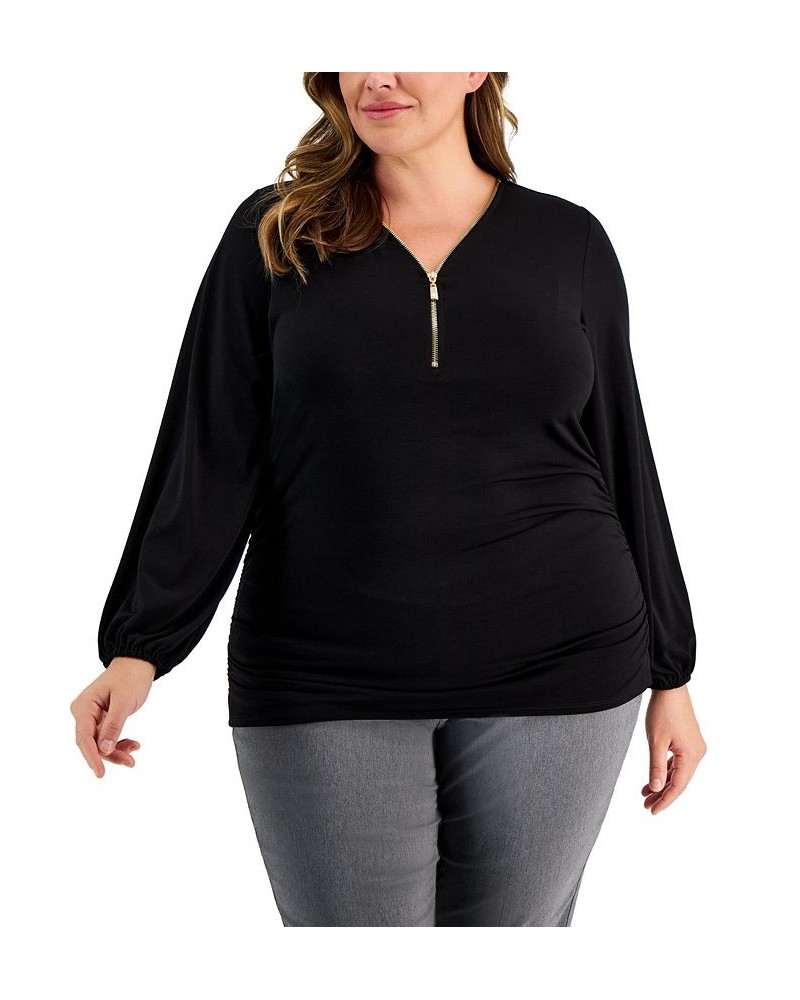 Plus Size Zip-Front Side-Ruched Top Deep Black $18.25 Tops