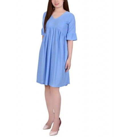 Women's Short Bell Sleeve Swiss Dot Dress Blue $21.46 Dresses