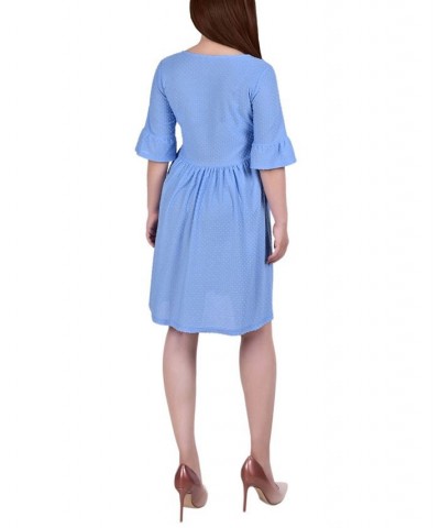 Women's Short Bell Sleeve Swiss Dot Dress Blue $21.46 Dresses