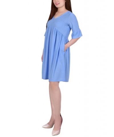 Women's Short Bell Sleeve Swiss Dot Dress Blue $21.46 Dresses