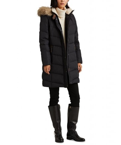 Women's Faux-Fur-Trim Hooded Down Puffer Coat Dark Navy $92.40 Coats