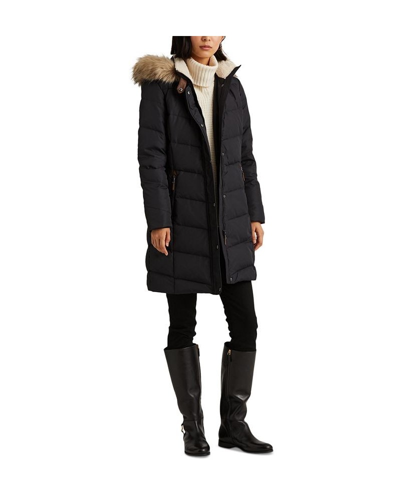 Women's Faux-Fur-Trim Hooded Down Puffer Coat Dark Navy $92.40 Coats