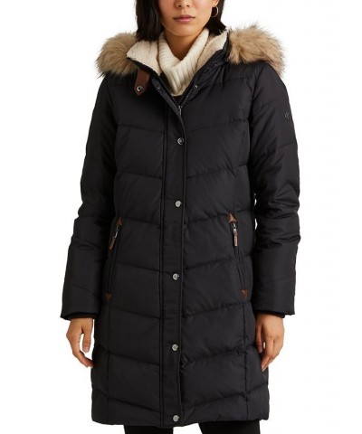 Women's Faux-Fur-Trim Hooded Down Puffer Coat Dark Navy $92.40 Coats